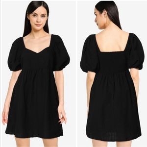 Fit & Flare Puff-Sleeve Seersucker All-Day Mini Dress Old Navy , Black, Medium